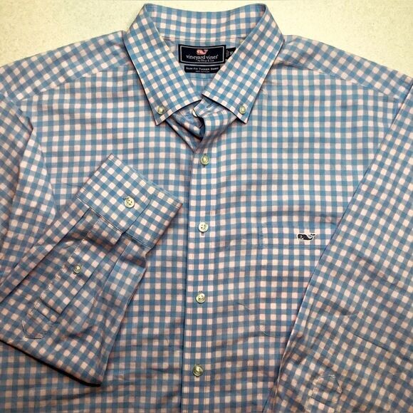 Vineyard Vines XL Slim Fit Tucker‎ Shirt Blue Pink Check Plaid Whale Logo - Picture 1 of 6